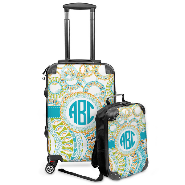 Custom Teal Circles & Stripes Kids 2-Piece Luggage Set - Suitcase & Backpack (Personalized)