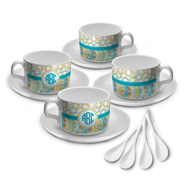 Custom Teal Circles & Stripes Tea Cup - Set of 4 (Personalized)