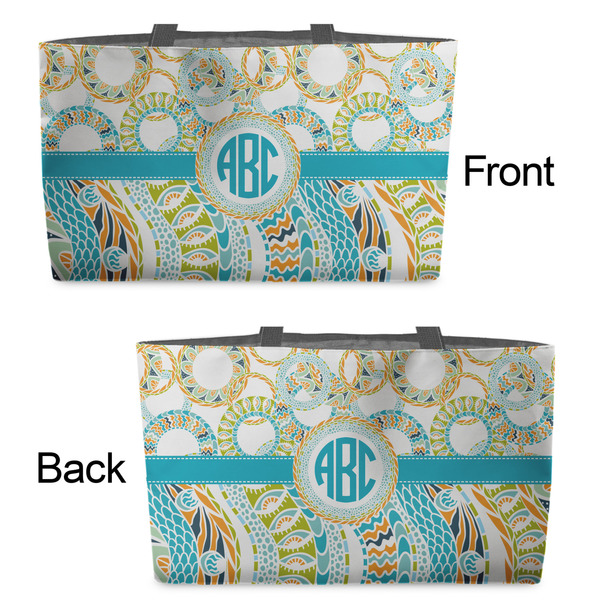 Teal Circles & Stripes Tote w/Black Handles - Front & Back Views