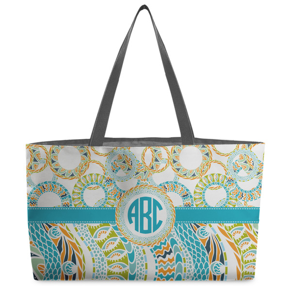 Custom Teal Circles & Stripes Beach Totes Bag - w/ Black Handles (Personalized)