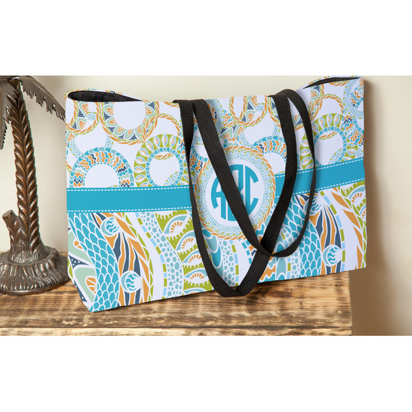 Teal Circles & Stripes Tote w/Black Handles - Lifestyle View