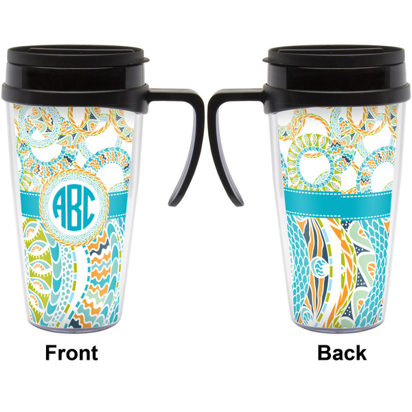 Teal Circles & Stripes Travel Mug with Black Handle - Approval