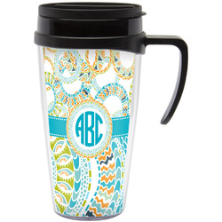 Teal Circles & Stripes Acrylic Travel Mug with Handle (Personalized)