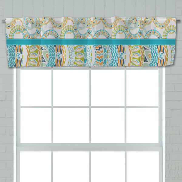 Teal Circles & Stripes Valance - Closeup on window