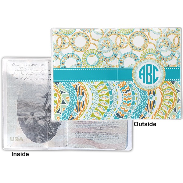 Teal Circles & Stripes Vinyl Passport Holder - Flat Front and Back