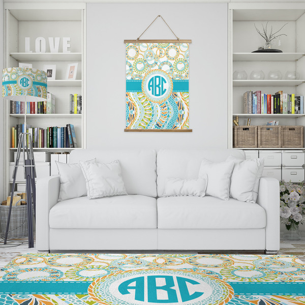 Teal Circles & Stripes Wall Hanging Tapestry - Portrait - IN CONTEXT