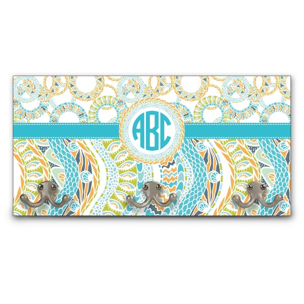 Custom Teal Circles & Stripes Wall Mounted Coat Rack (Personalized)