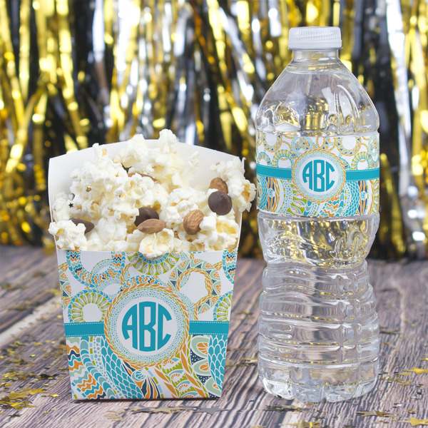 Teal Circles & Stripes Water Bottle Label - w/ Favor Box