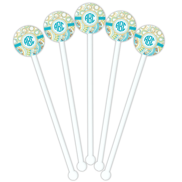 Teal Circles & Stripes White Plastic 5.5" Stir Stick - Fan View