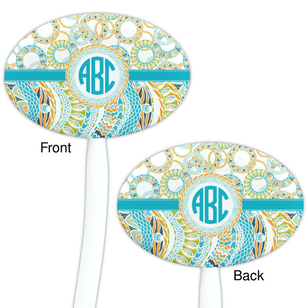 Teal Circles & Stripes White Plastic 7" Stir Stick - Double Sided - Oval - Front & Back
