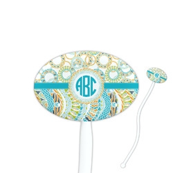 Teal Circles & Stripes 7" Oval Plastic Stir Sticks - White - Single Sided (Personalized)