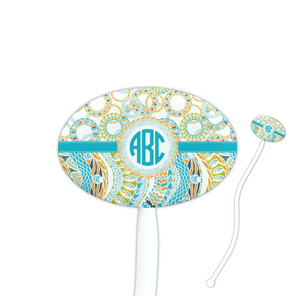 Custom Teal Circles & Stripes 7" Oval Plastic Stir Sticks - White - Double Sided (Personalized)