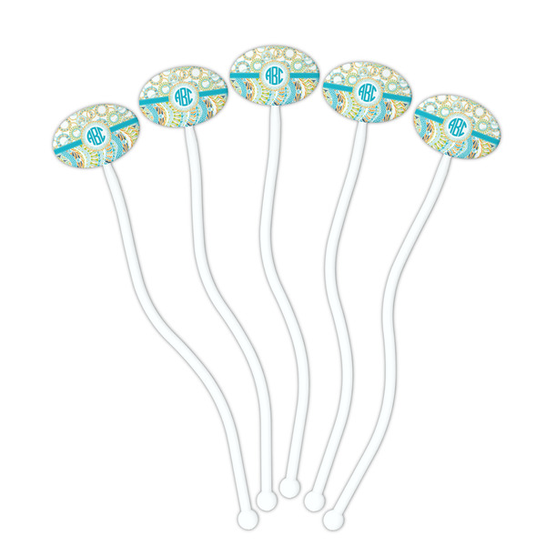 Teal Circles & Stripes White Plastic 7" Stir Stick - Oval - Fan