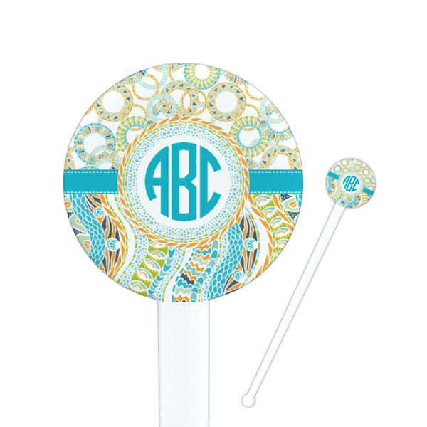 Custom Teal Circles & Stripes 7" Round Plastic Stir Sticks - White - Double Sided (Personalized)