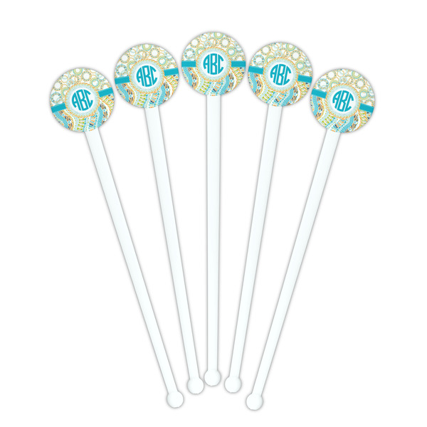 Teal Circles & Stripes White Plastic 7" Stir Stick - Round - Fan View