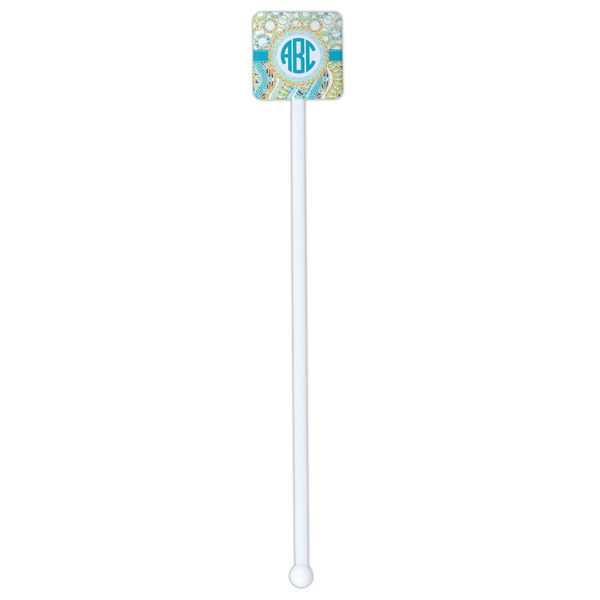 Teal Circles & Stripes White Plastic Stir Stick - Double Sided - Square - Single Stick