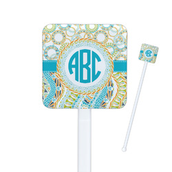 Teal Circles & Stripes Square Plastic Stir Sticks - Double Sided (Personalized)