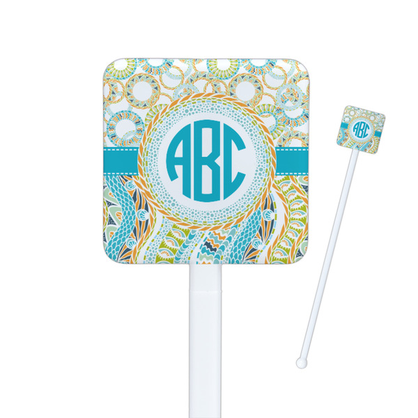 Custom Teal Circles & Stripes Square Plastic Stir Sticks (Personalized)