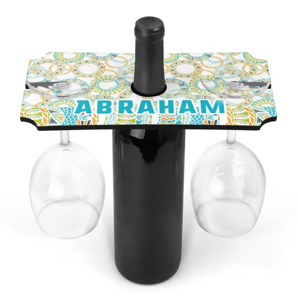 Custom Teal Circles & Stripes Wine Bottle & Glass Holder (Personalized)