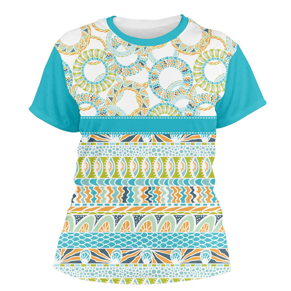 Custom Teal Circles & Stripes Women's Crew T-Shirt - Medium