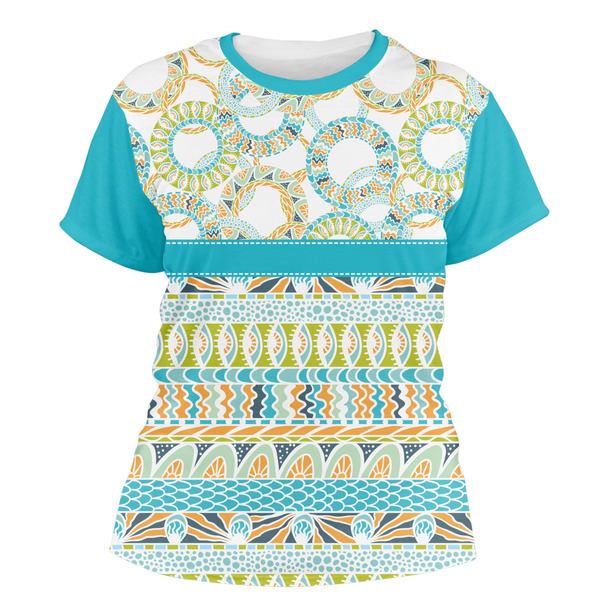 Custom Teal Circles & Stripes Women's Crew T-Shirt