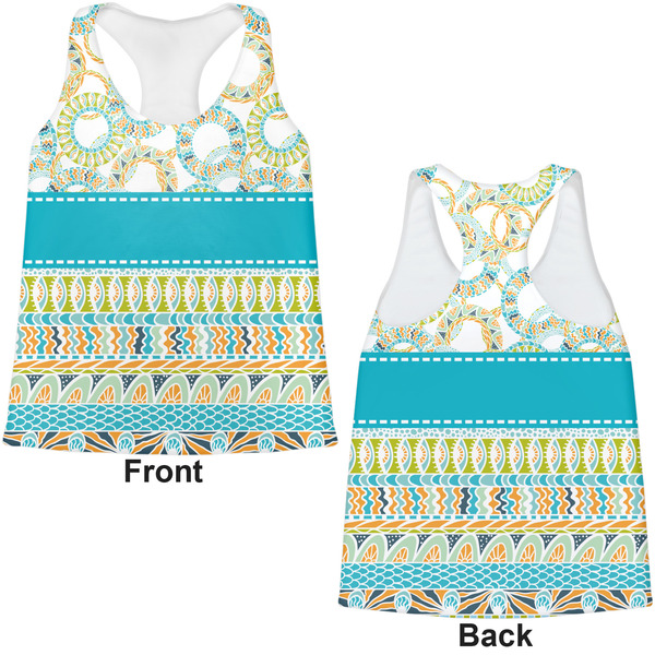 Teal Circles & Stripes Womens Racerback Tank Tops - Medium - Front and Back