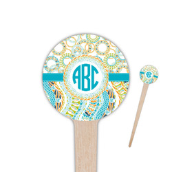 Teal Circles & Stripes 4" Round Wooden Food Picks - Single Sided (Personalized)