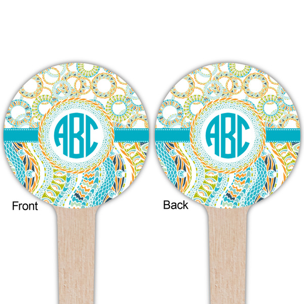 Teal Circles & Stripes Wooden 4" Food Pick - Round - Double Sided - Front & Back