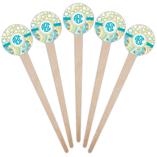 Teal Circles & Stripes Wooden 4" Food Pick - Round - Fan View
