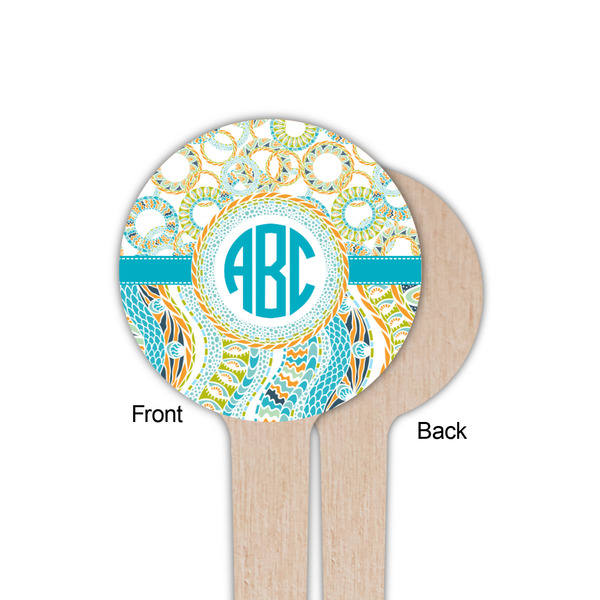 Teal Circles & Stripes Wooden 4" Food Pick - Round - Single Sided - Front & Back
