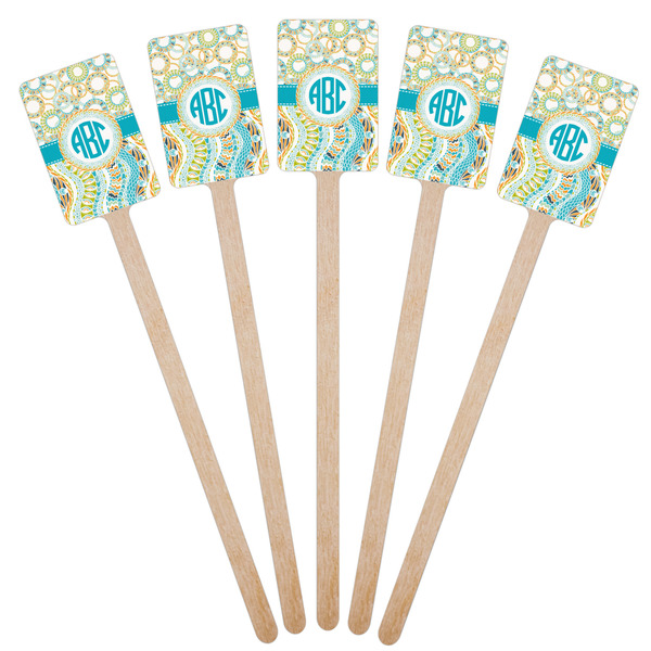 Teal Circles & Stripes Wooden 6.25" Stir Stick - Rectangular - Fan View