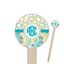 Teal Circles & Stripes 6" Round Wooden Food Picks - Single Sided (Personalized)