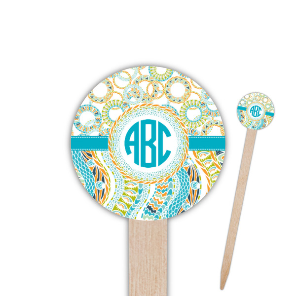 Custom Teal Circles & Stripes Round Wooden Food Picks (Personalized)