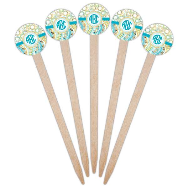 Teal Circles & Stripes Wooden 6" Food Pick - Round - Fan View