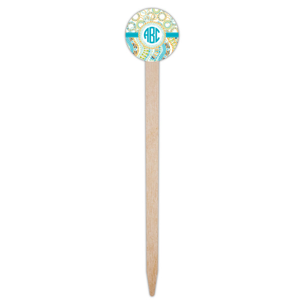 Teal Circles & Stripes Wooden 6" Food Pick - Round - Single Pick