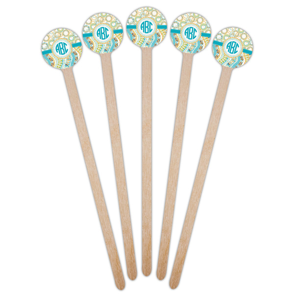 Teal Circles & Stripes Wooden 6" Stir Stick - Round - Fan View
