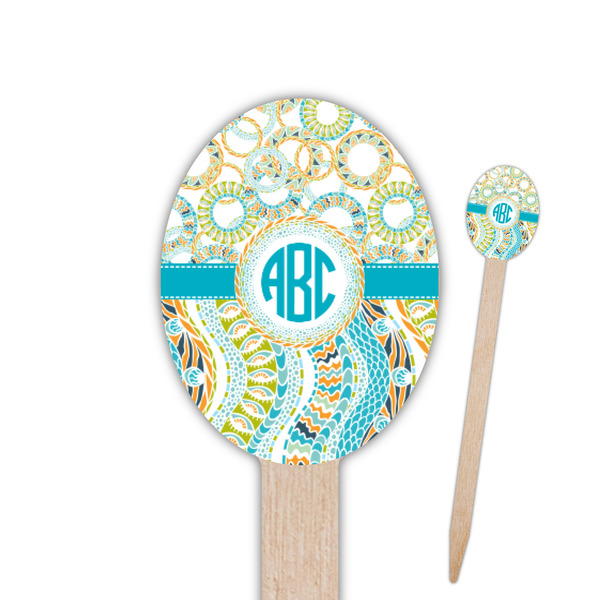 Custom Teal Circles & Stripes Oval Wooden Food Picks (Personalized)