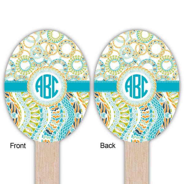 Teal Circles & Stripes Wooden Food Pick - Oval - Double Sided - Front & Back