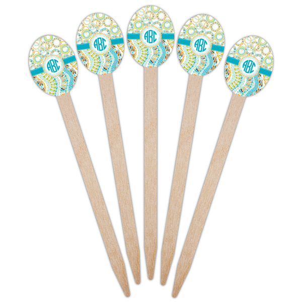 Teal Circles & Stripes Wooden Food Pick - Oval - Fan View