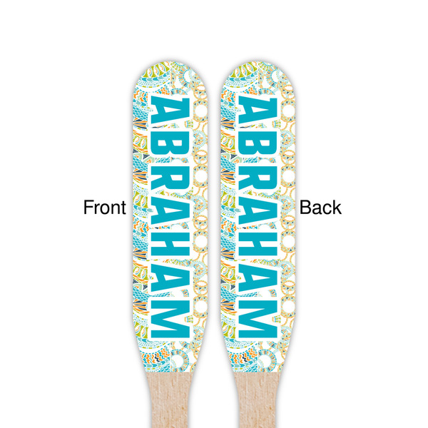 Teal Circles & Stripes Wooden Food Pick - Paddle - Double Sided - Front & Back