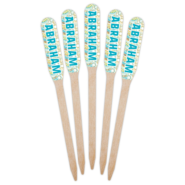 Teal Circles & Stripes Wooden Food Pick - Paddle - Fan View