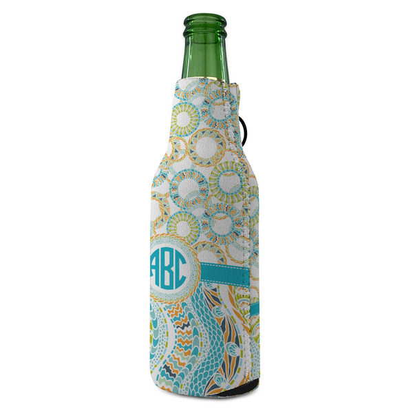 Teal Circles & Stripes Zipper Bottle Cooler - ANGLE (bottle)