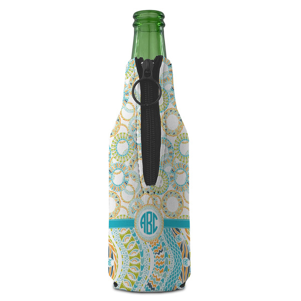 Teal Circles & Stripes Zipper Bottle Cooler - BACK (bottle)