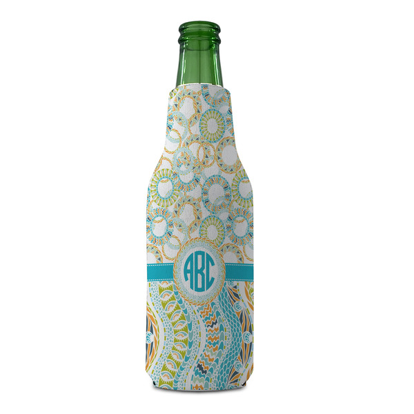 Teal Circles & Stripes Zipper Bottle Cooler - FRONT (bottle)
