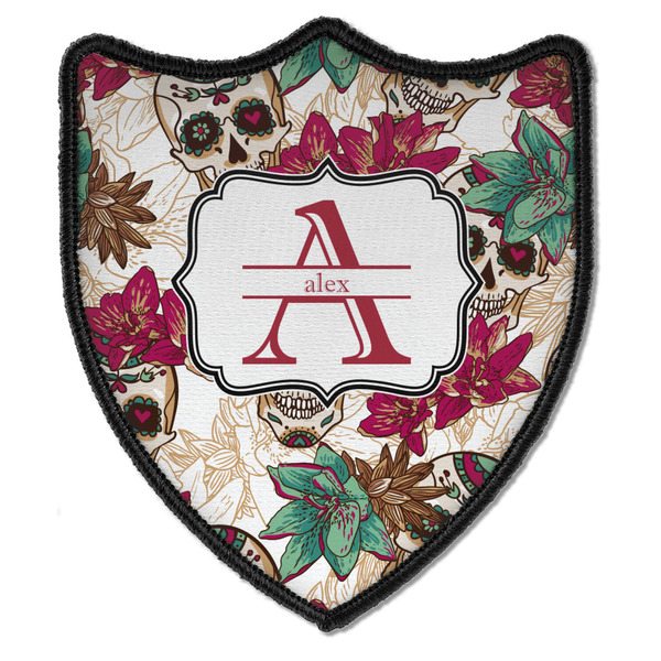 Custom Sugar Skulls & Flowers Iron On Shield Patch B w/ Name and Initial