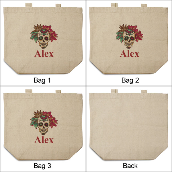 Sugar Skulls & Flowers 3 Reusable Cotton Grocery Bags - Front & Back View