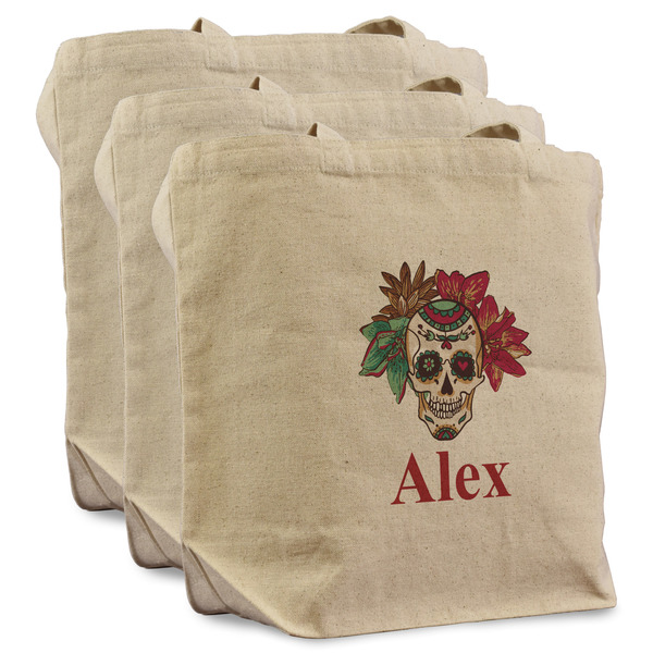Custom Sugar Skulls & Flowers Reusable Cotton Grocery Bags - Set of 3 (Personalized)