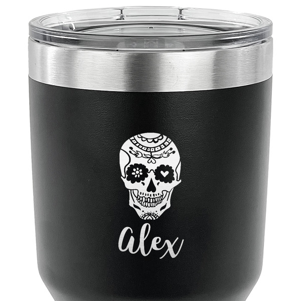 Sugar Skulls & Flowers 30 oz Stainless Steel Ringneck Tumbler - Black - CLOSE UP