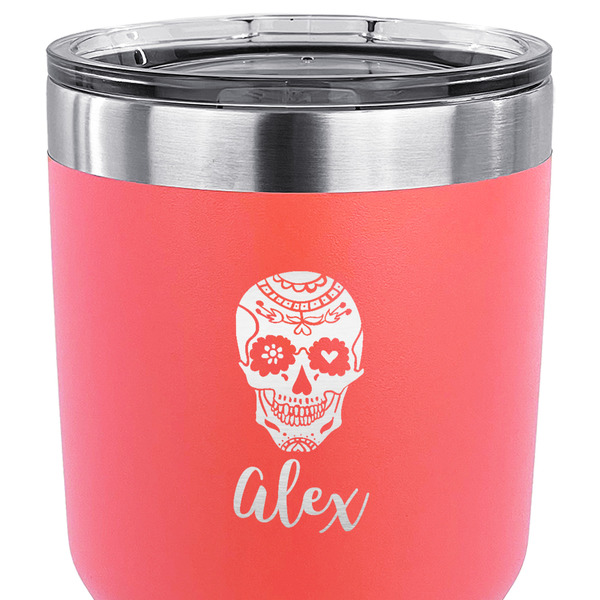 Sugar Skulls & Flowers 30 oz Stainless Steel Ringneck Tumbler - Coral - CLOSE UP