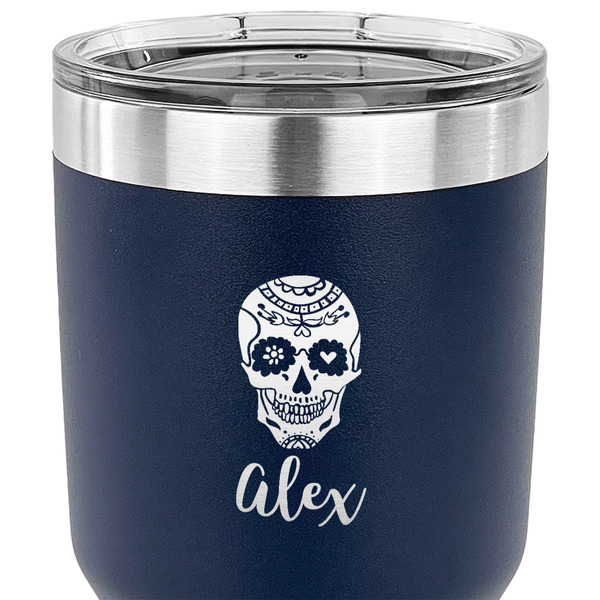 Sugar Skulls & Flowers 30 oz Stainless Steel Ringneck Tumbler - Navy - CLOSE UP